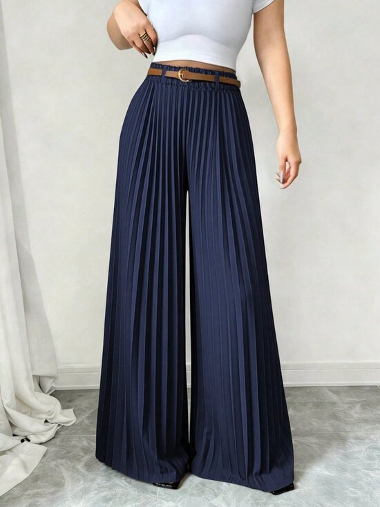 Pants - Navy Blue Elegant Women's Pleated Wide Leg Loose Casual Pants